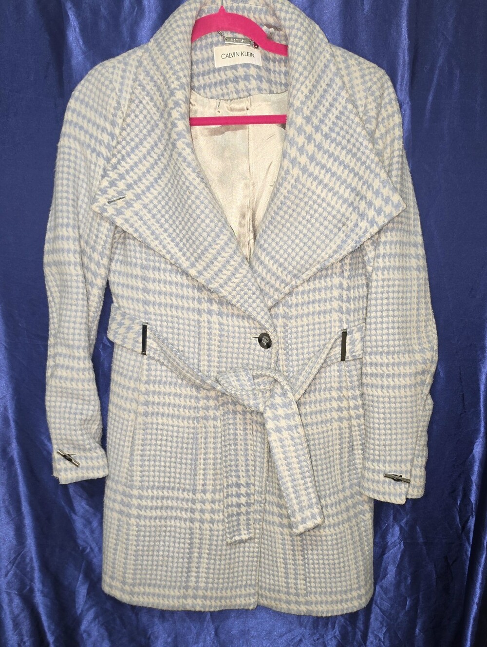 Calvin Klein Light Blue and White Houndstooth Belted Trench Coat
